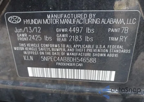 2013 Hyundai Sonata Limited 2.0T from USA, damaged, VIN 5NPEC4AB8DH546588